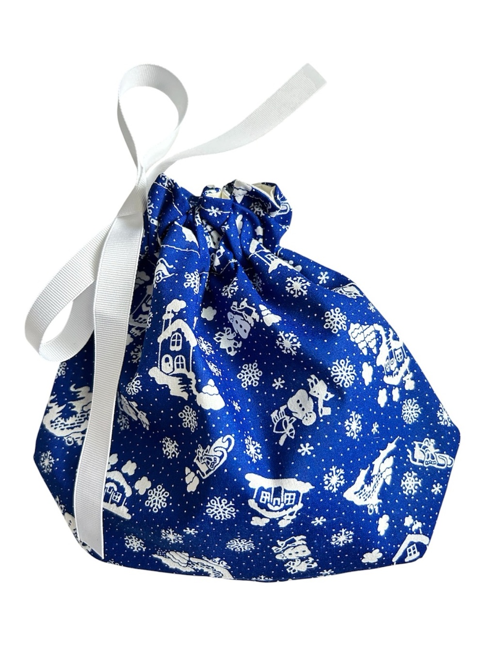 Hand Crafted Holiday Drawstring Gift Bag White Ribbon Eco Friendly Reusable